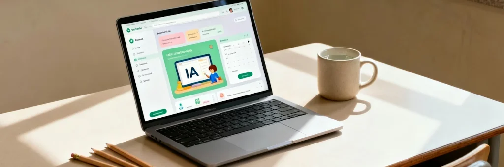 Computador portátil aberto sobre uma mesa exibindo plataforma educacional com conteúdo sobre inteligência artificial, ao lado de uma xícara de café, em ambiente minimalista.